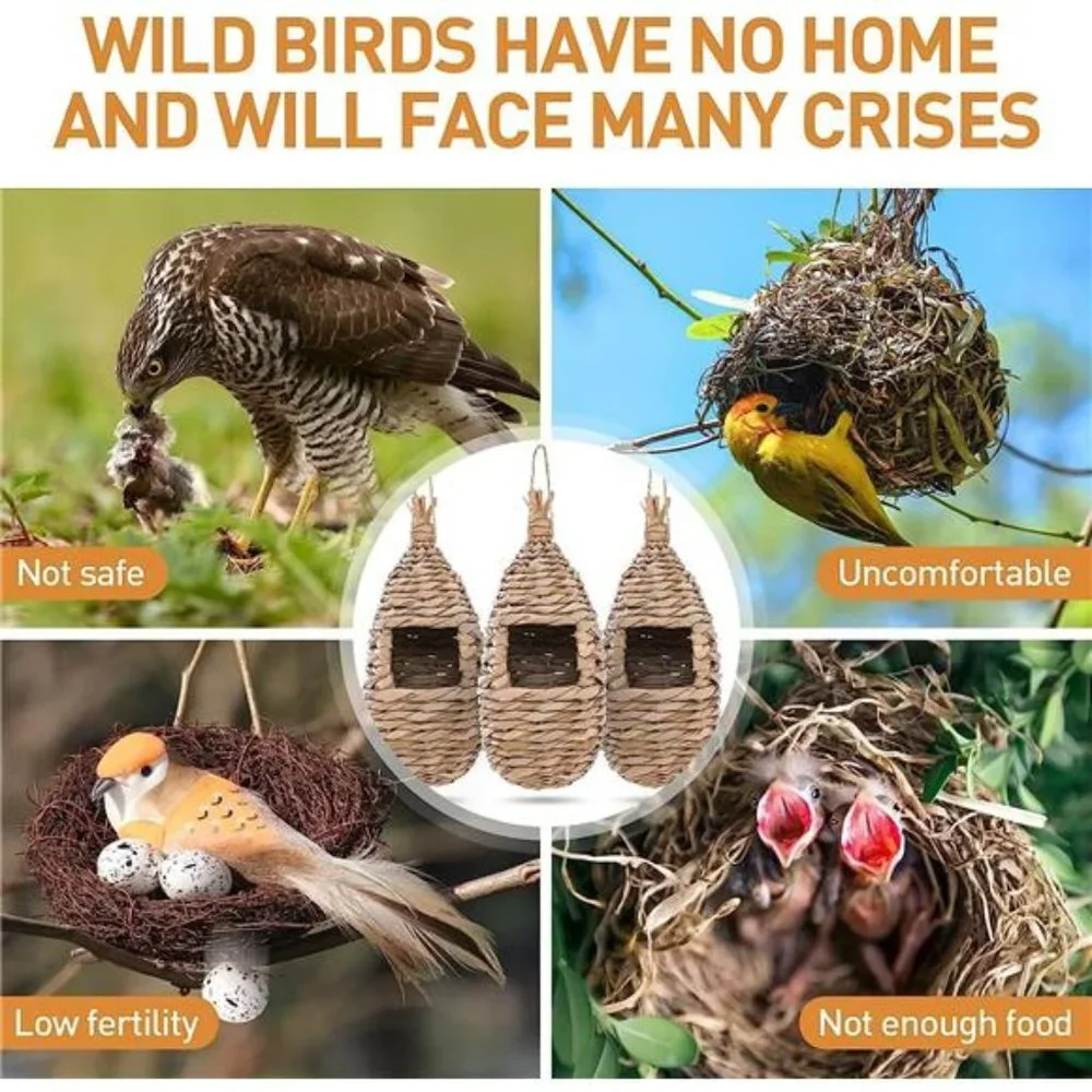 Humming Bird Houses for Outdoor Hanging, Natural Grass Bird Hut,Hand Woven Nest